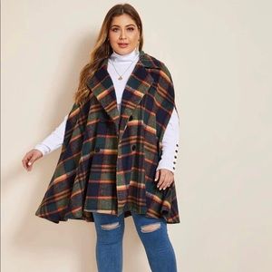 plaid double button cape coat